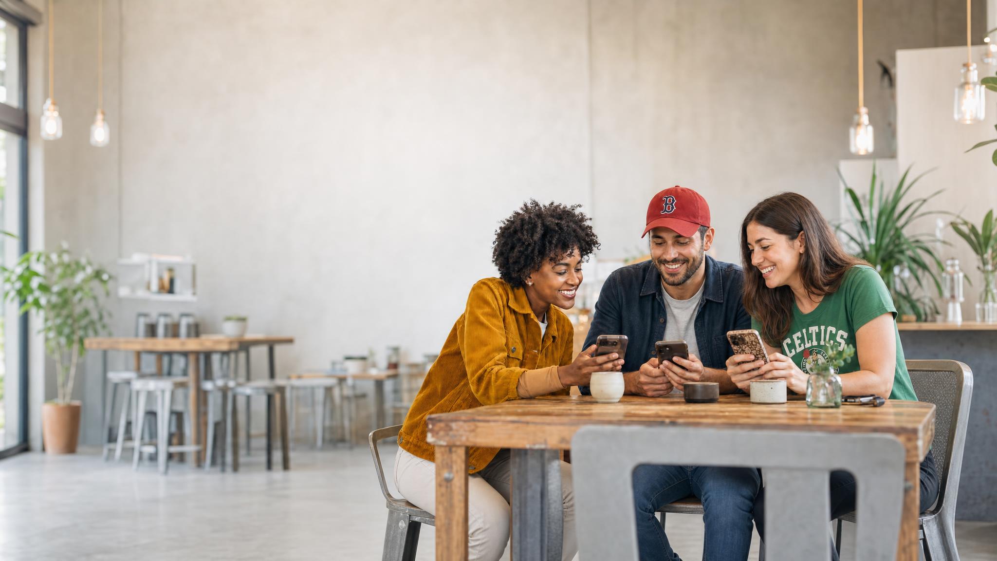 Friends smiling while using phones together